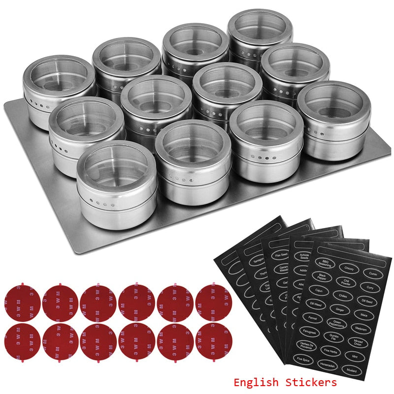 Stainless Steel Magnetic Spice Jars With Wall Mounted Rack