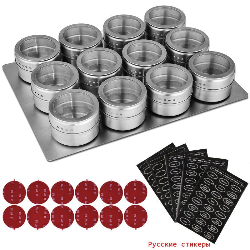 Stainless Steel Magnetic Spice Jars With Wall Mounted Rack