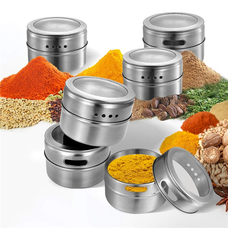 Stainless Steel Magnetic Spice Jars With Wall Mounted Rack