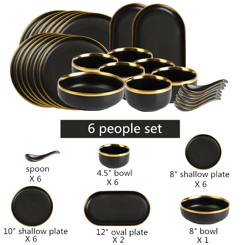 Elegant 6 Piece Gold Rim Porcelain Plate Set