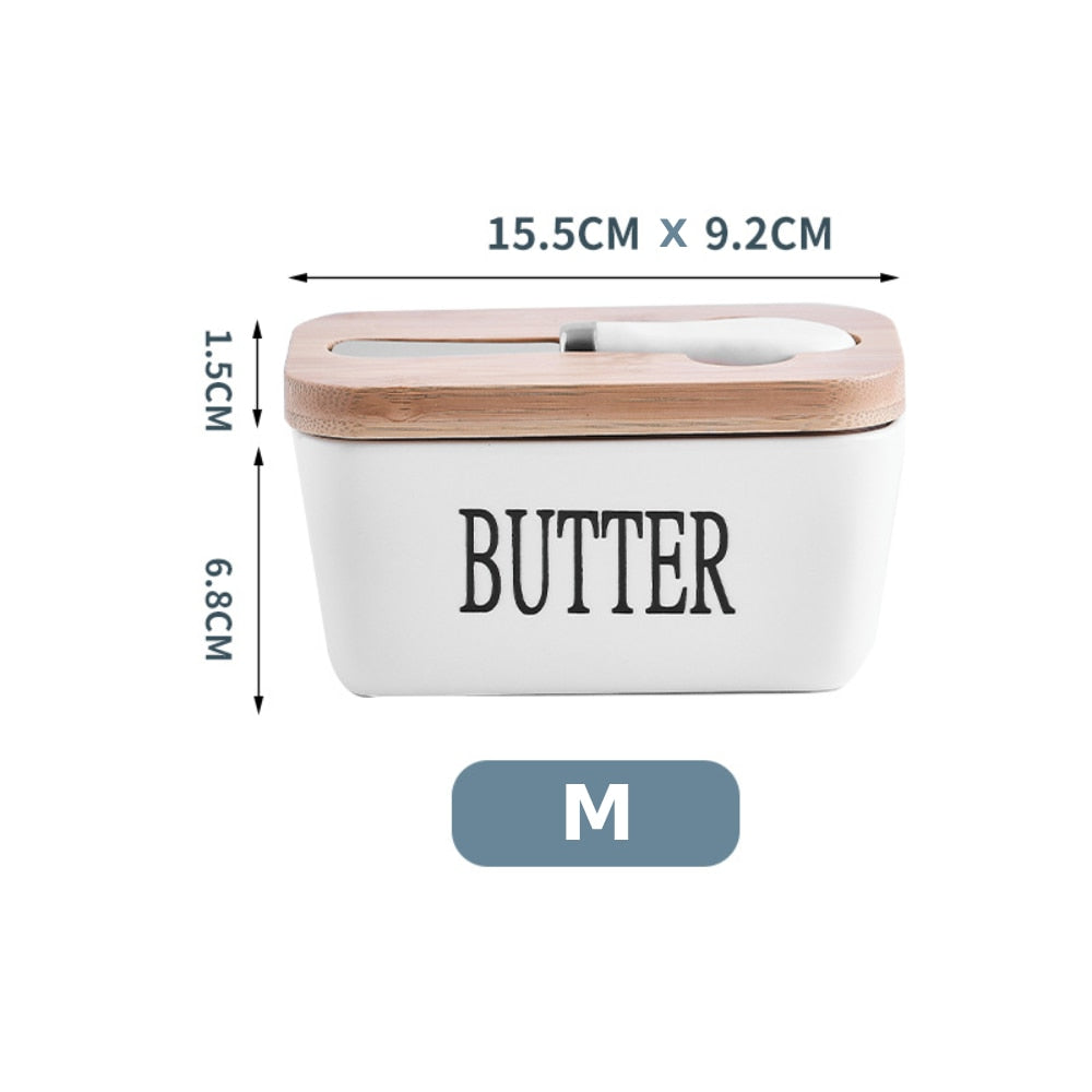 Ceramic Nordic Butter Sealing Box with Wooden Lid and Spoon