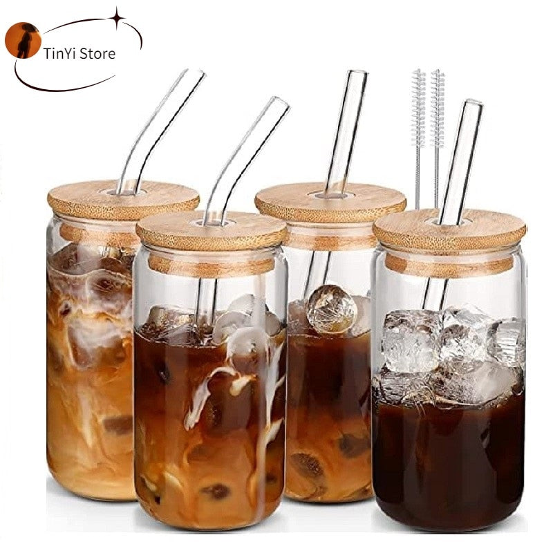 Glass Cup with Straws and Cork Style Lid