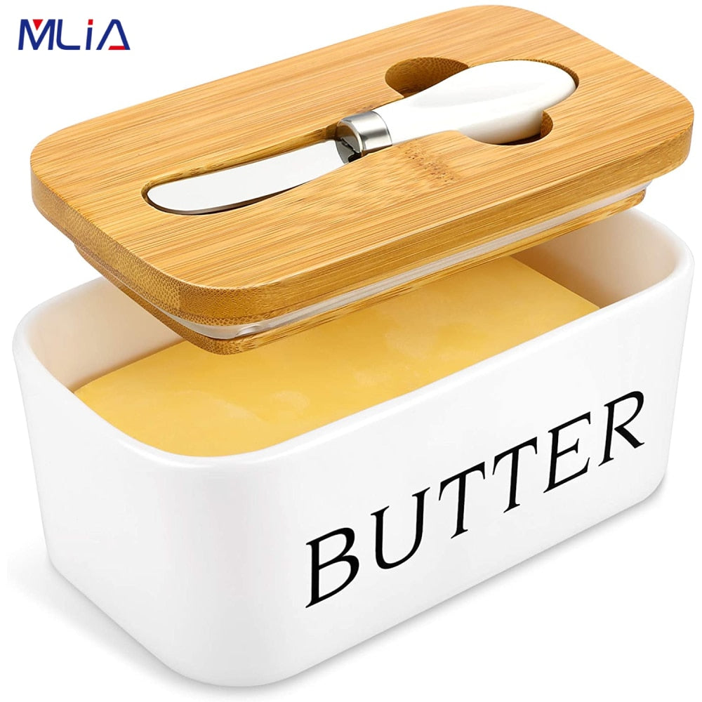 Ceramic Nordic Butter Sealing Box with Wooden Lid and Spoon