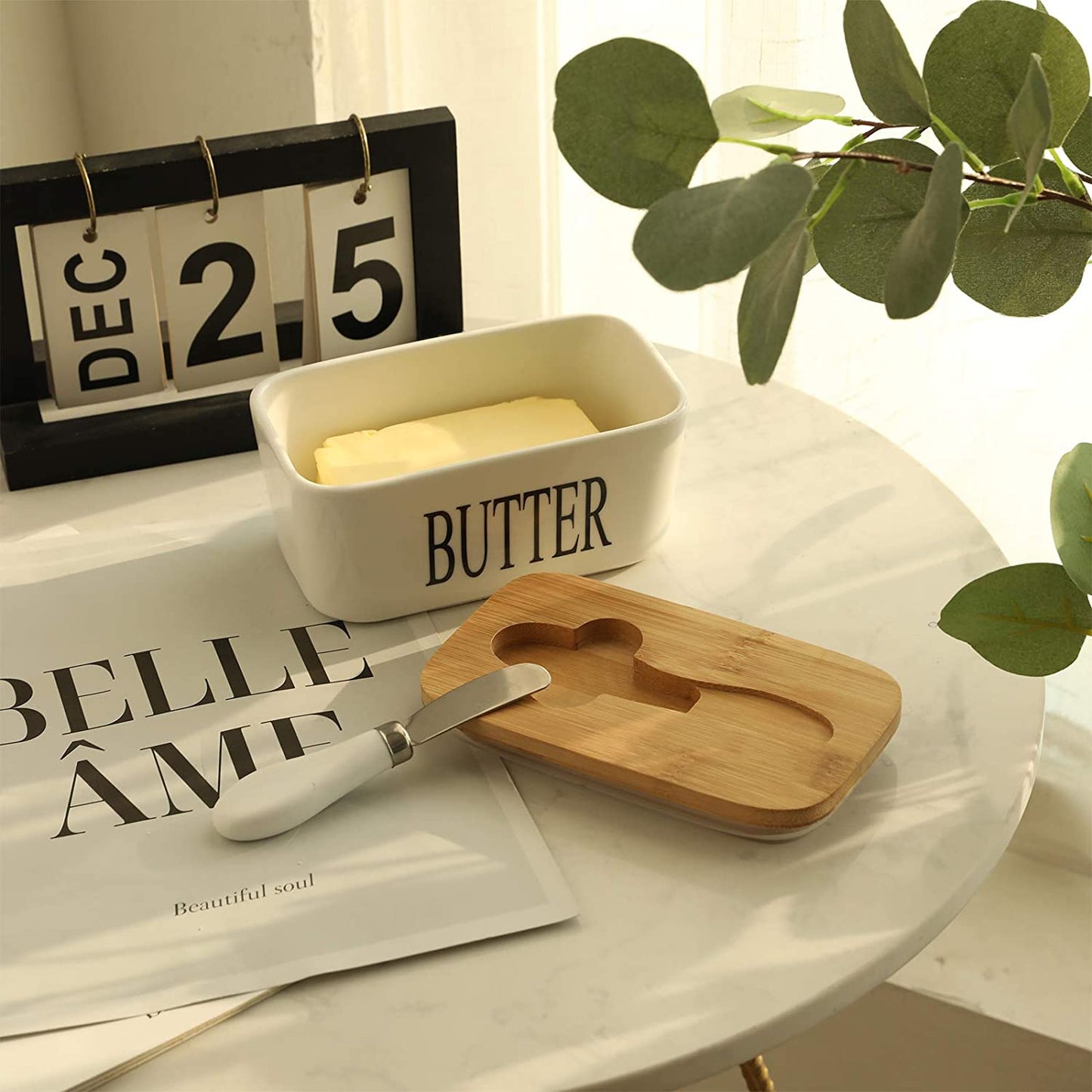 Ceramic Nordic Butter Sealing Box with Wooden Lid and Spoon