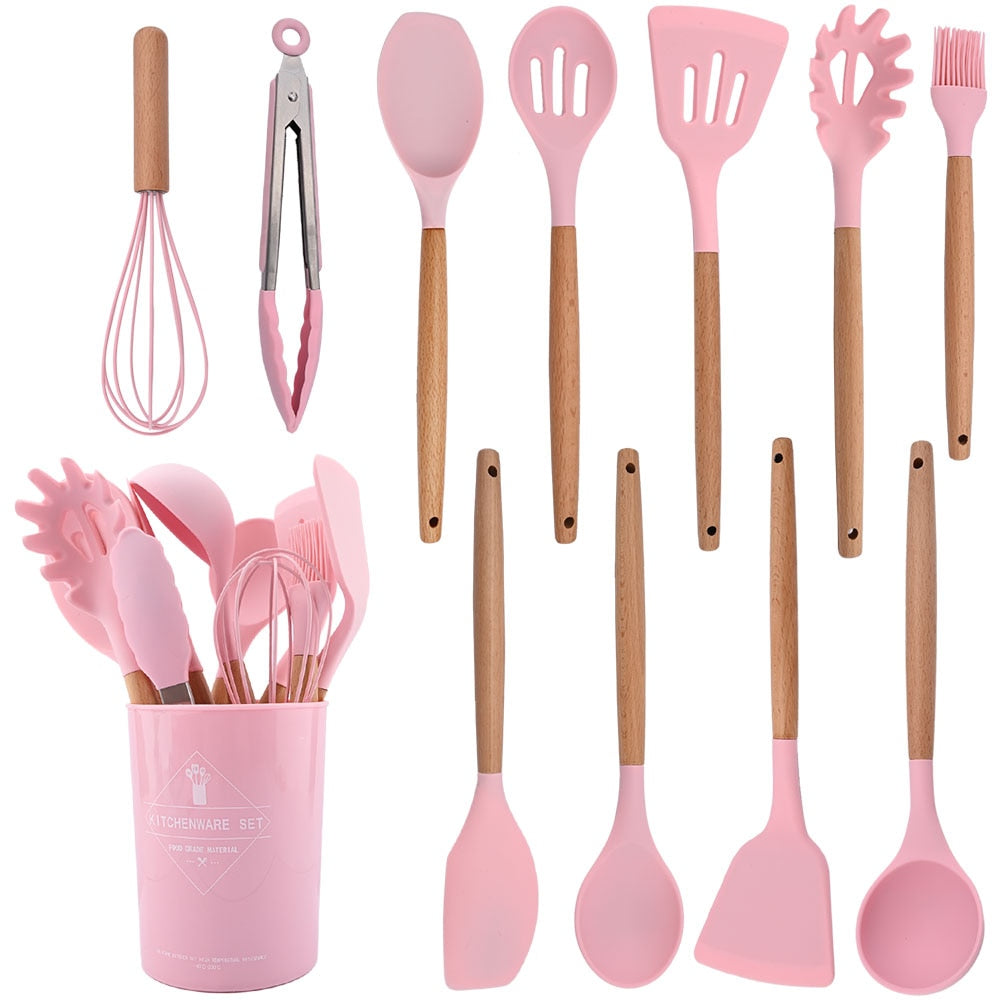 Heat Resistant Silicone Kitchenware Cooking Utensils Set w/ Storage Container