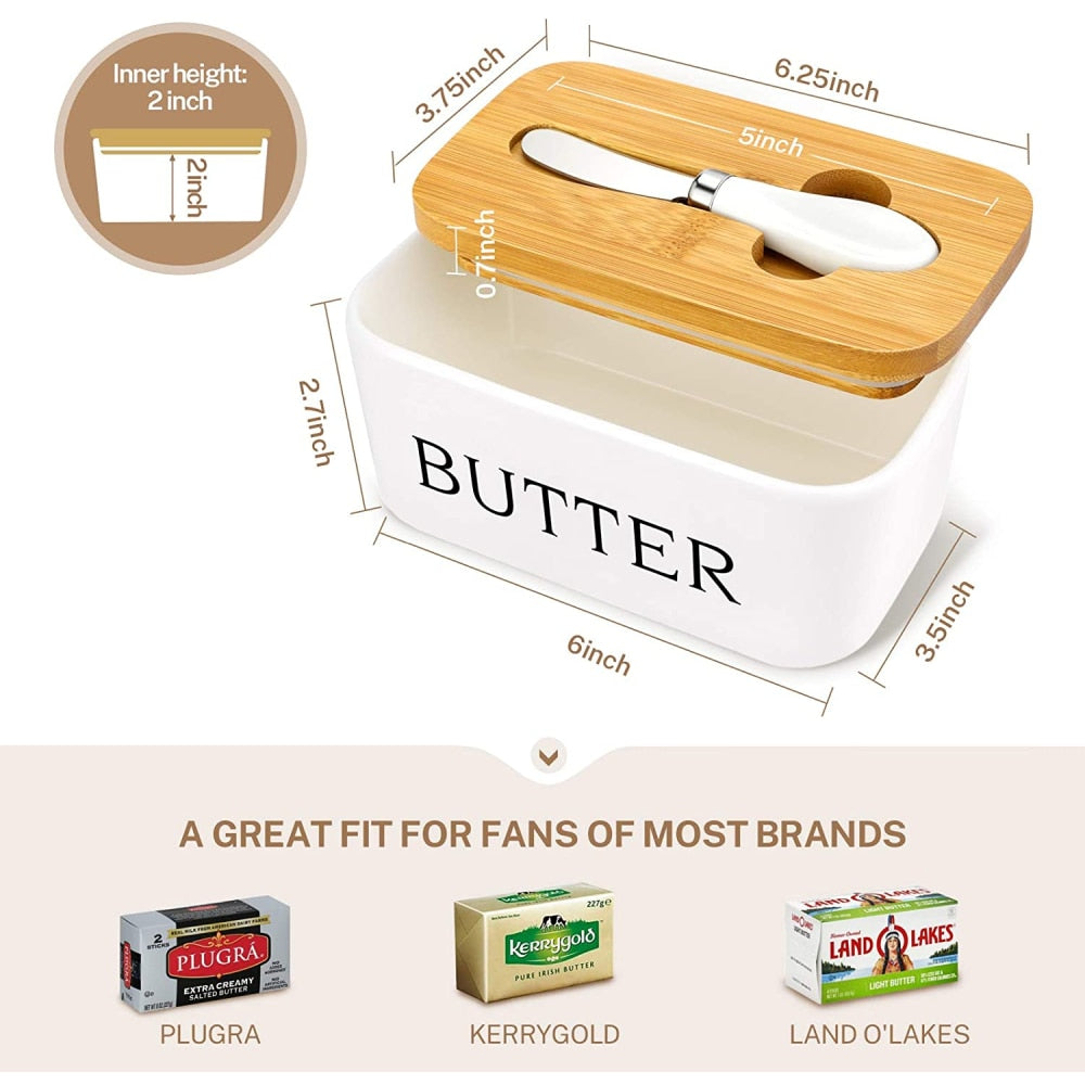 Ceramic Nordic Butter Sealing Box with Wooden Lid and Spoon