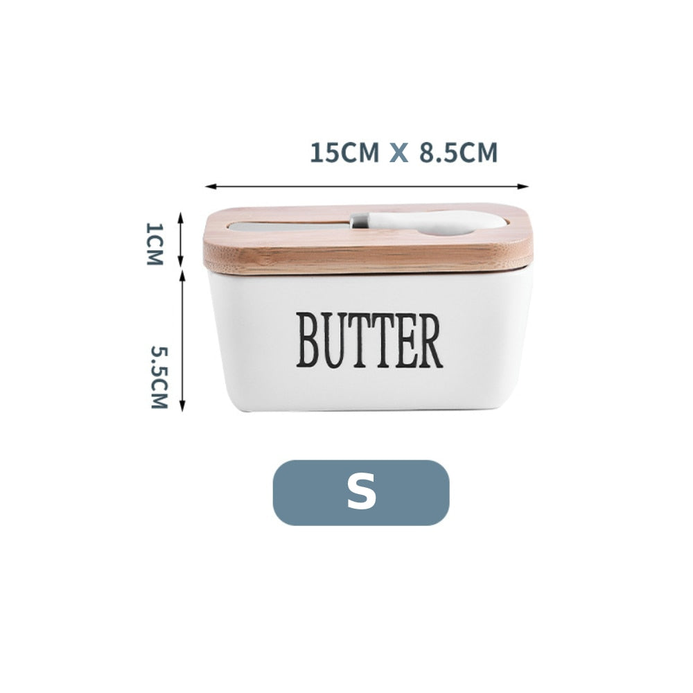 Ceramic Nordic Butter Sealing Box with Wooden Lid and Spoon