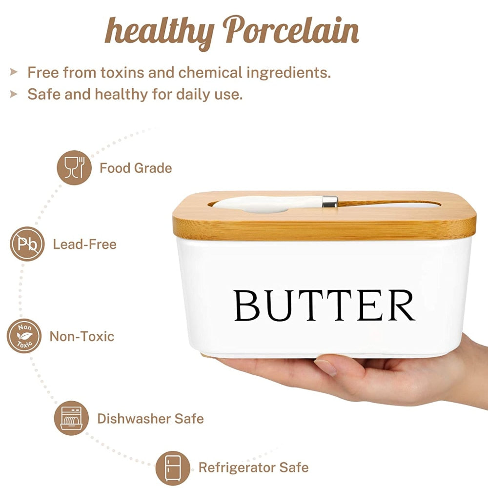 Ceramic Nordic Butter Sealing Box with Wooden Lid and Spoon